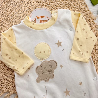 Macacão Malha Trape Zape - Elefantinhos e Estrelinhas - Amarelo e Off White